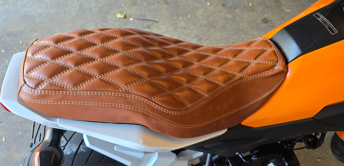 Honda Grom Cognac Diamond Seat Cover, handmade Honda Grom seat cover by Cheeky Seats, product detail view 3
