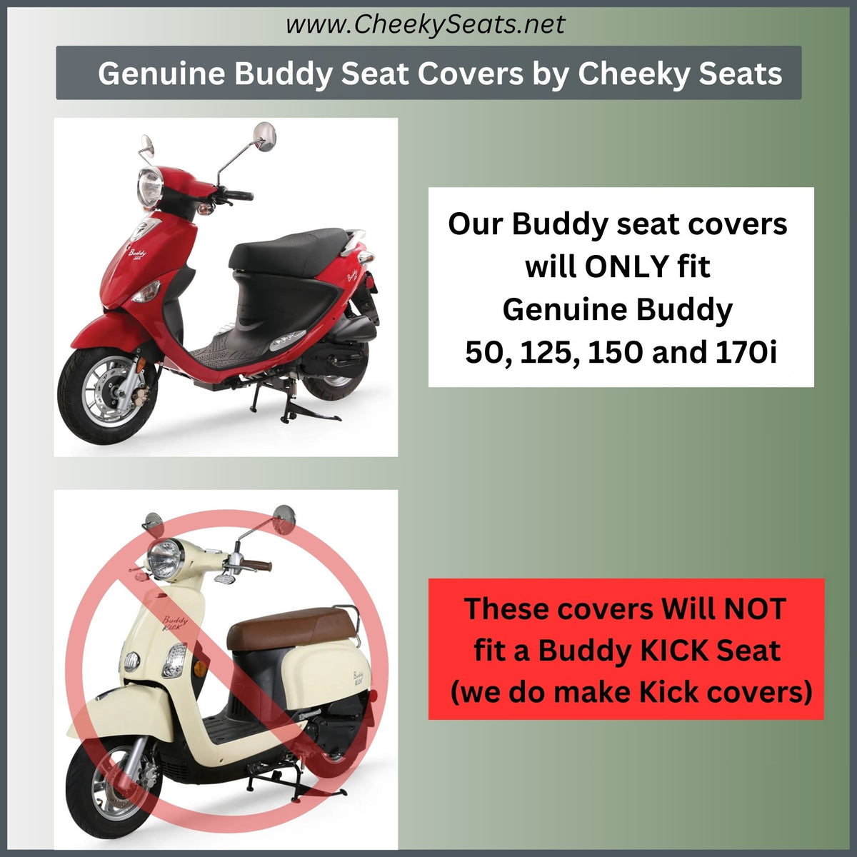 Cheeky Seats model-fit graphic for Genuine Buddy 50, 125, 150 and 170i, not Buddy Kick