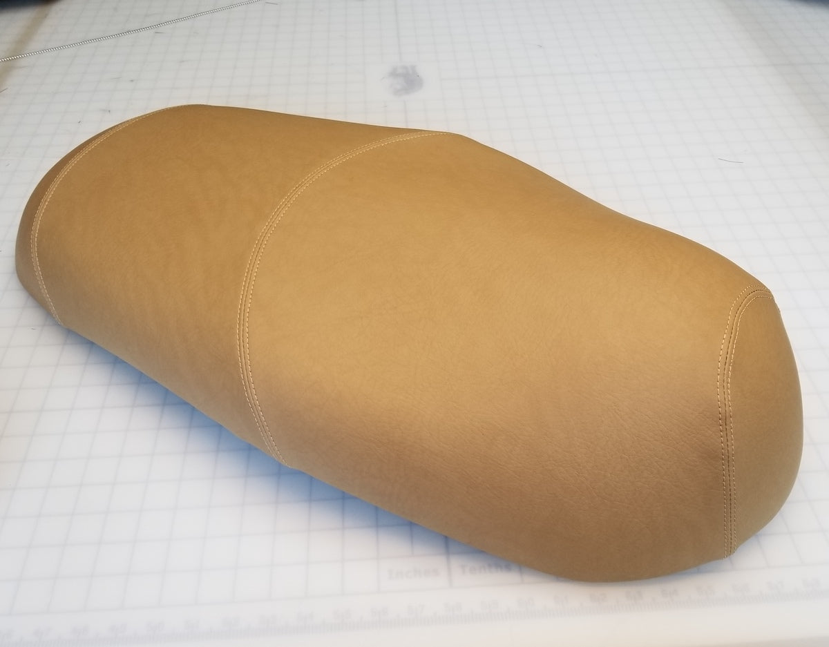 Matte camel tan Lance Cali Classic and Havana Classic seat cover with matching double stitching, handmade by Cheeky Seats