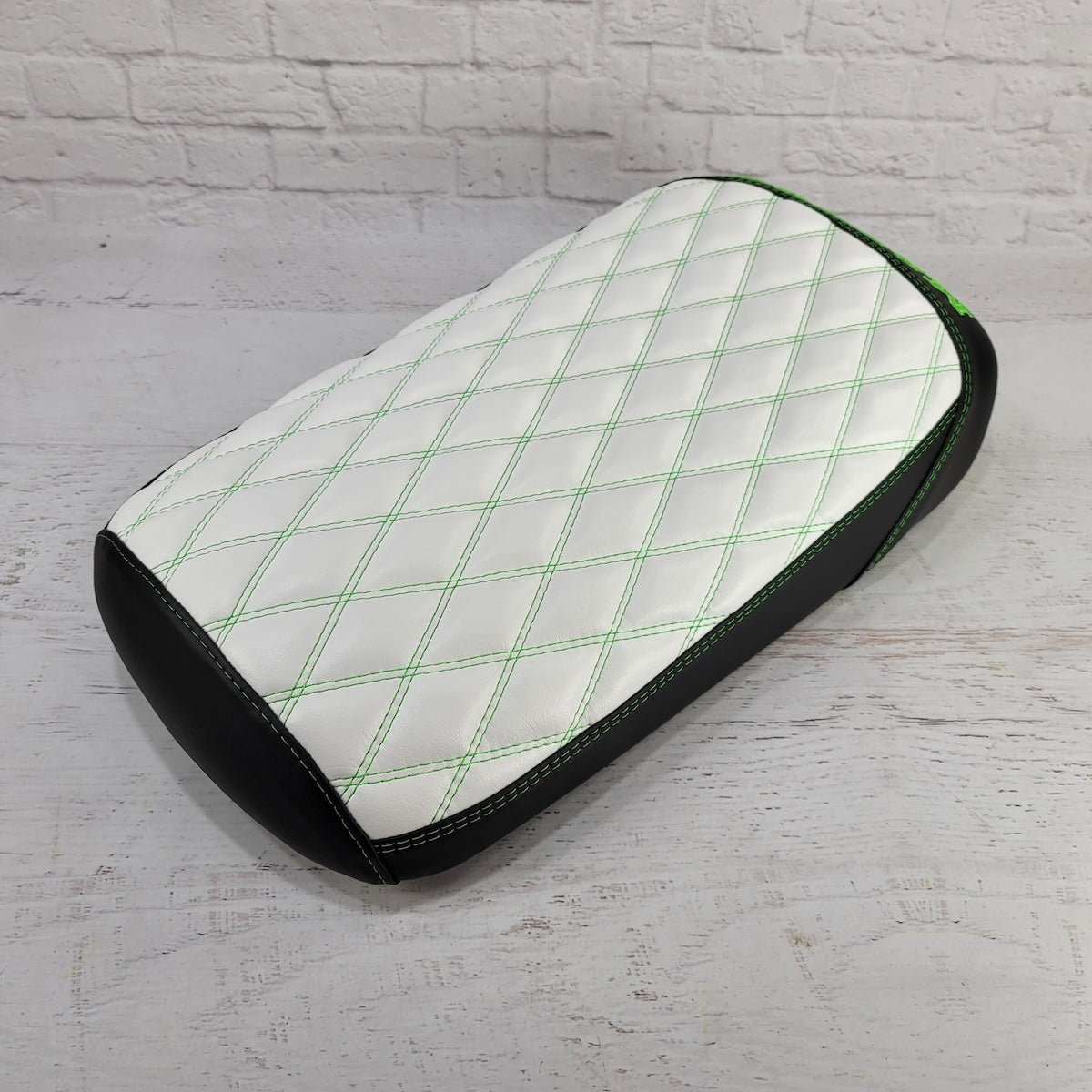 Maddog 50/150 white diamond seat cover with lime green accents handmade by Cheeky Seats