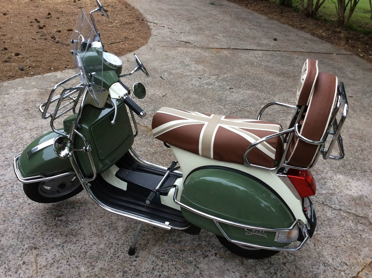 Green and cream Genuine Stella with matching earthtone Union Jack seat and backrest covers, handmade by Cheeky Seats