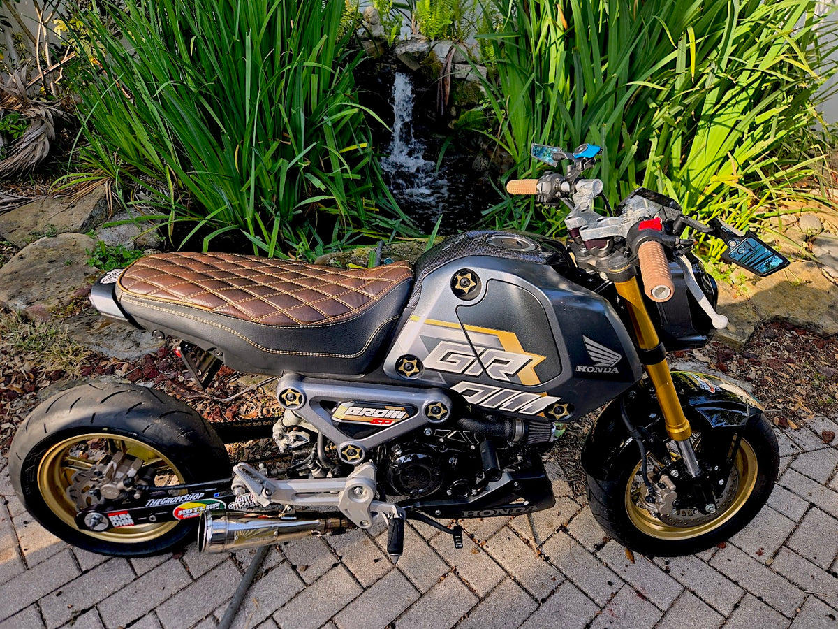Honda Grom Tobacco Diamond Seat Cover, handmade Honda Grom seat cover by Cheeky Seats, product detail view 3