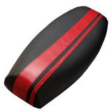 Matte black Genuine Stella seat cover with hand-sewn dual red racing stripes, handmade by Cheeky Seats