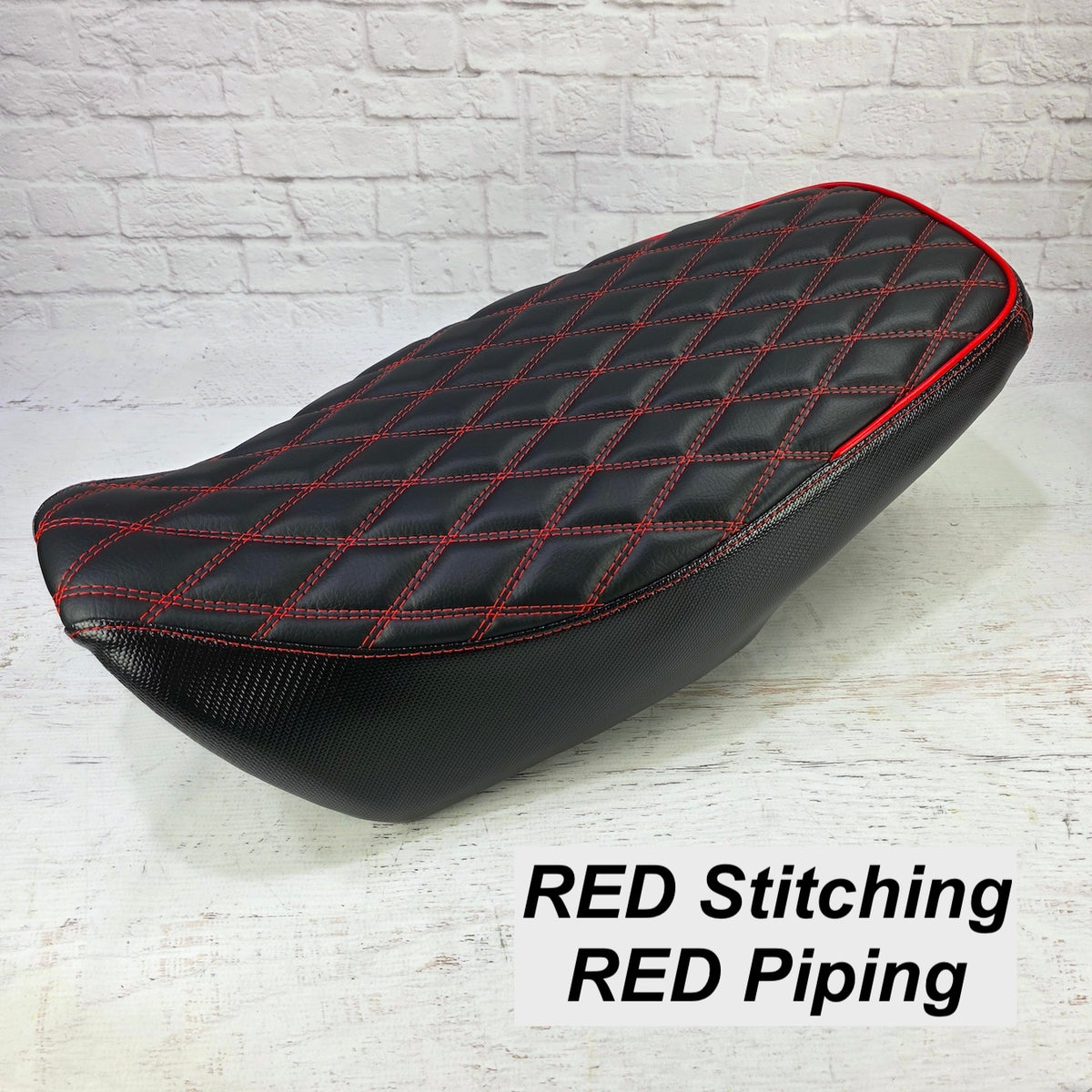 Ready to Ship! 2022-26 Honda Grom Diamond Seat Cover with Piping, handmade Honda Grom seat cover by Cheeky Seats, product detail view 3