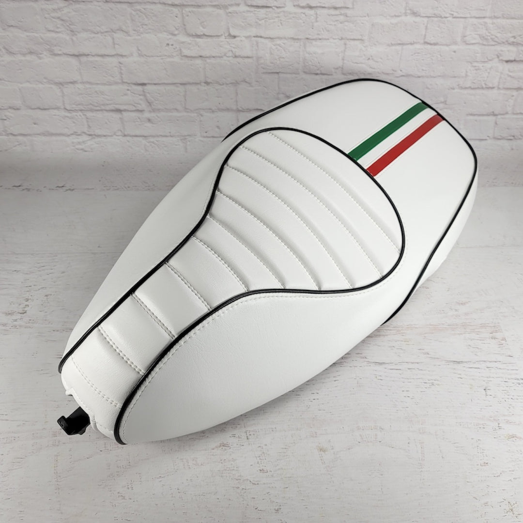 Vespa Sprint / Primavera WHITE Seat Cover Tuck and Roll with Italian Racing Stripe