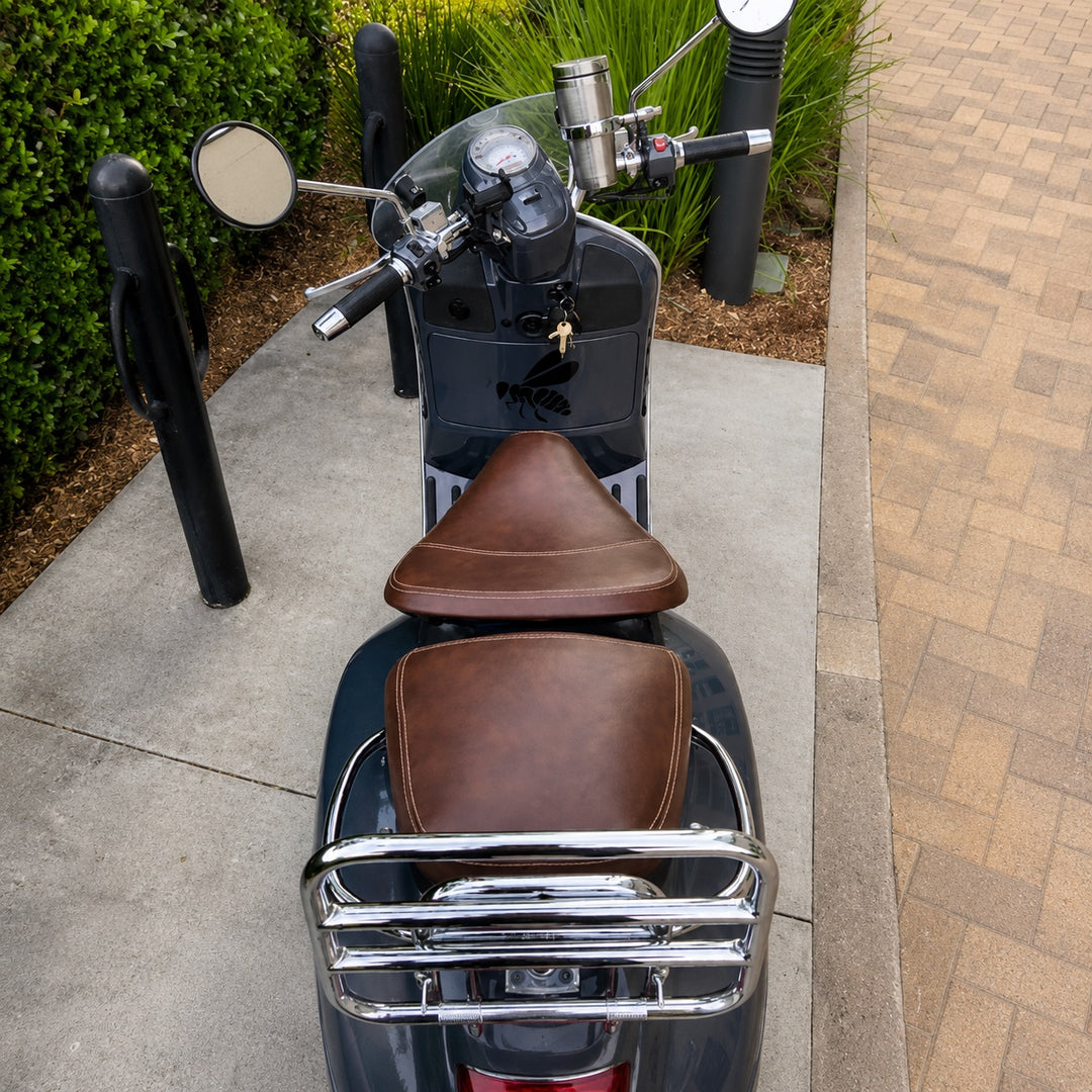 Gray Vespa GTV with handmade Whiskey Brown Seat Cover by Cheeky Seats