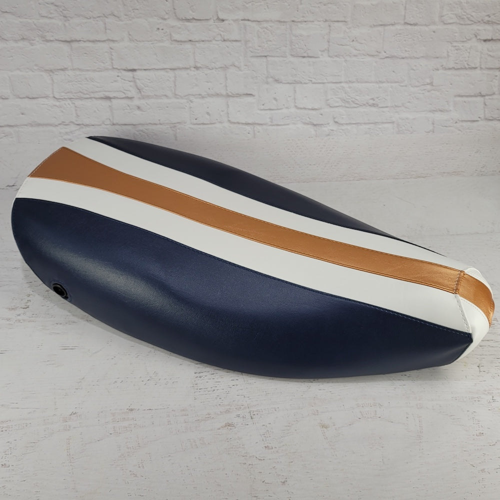 Vespa ET 2/4 rally stripe seat cover detail view, handmade by Cheeky Seats