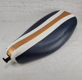 Vespa ET 2/4 navy blue seat cover with racing rally stripe, handmade by Cheeky Seats
