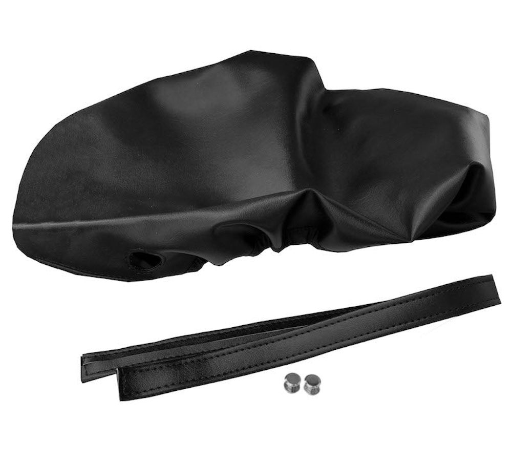 Vespa ET 2/4 classic black scooter seat cover detail with strap and chicago screws for mounting by Cheeky Seats