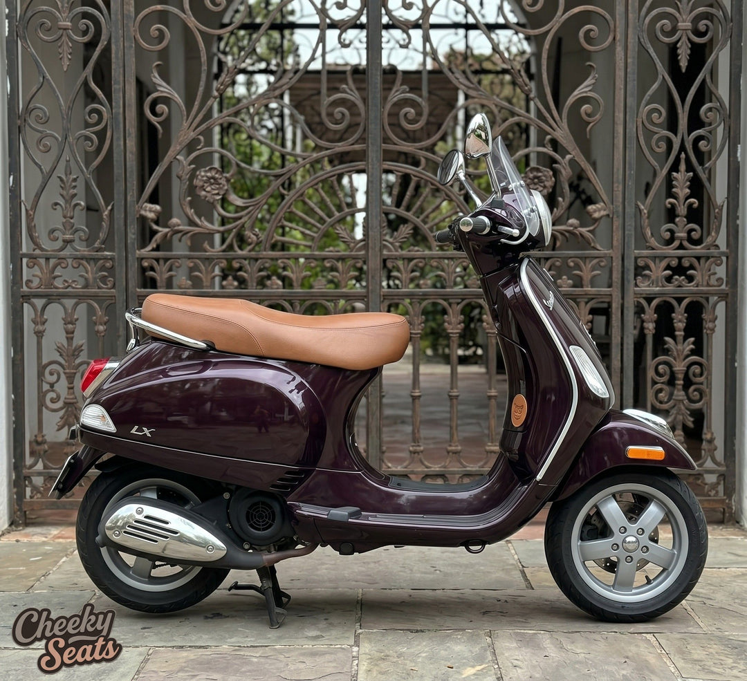 Ready To Ship! Vespa LX 50 / 150 Distressed Caramel Seat Cover French Seams