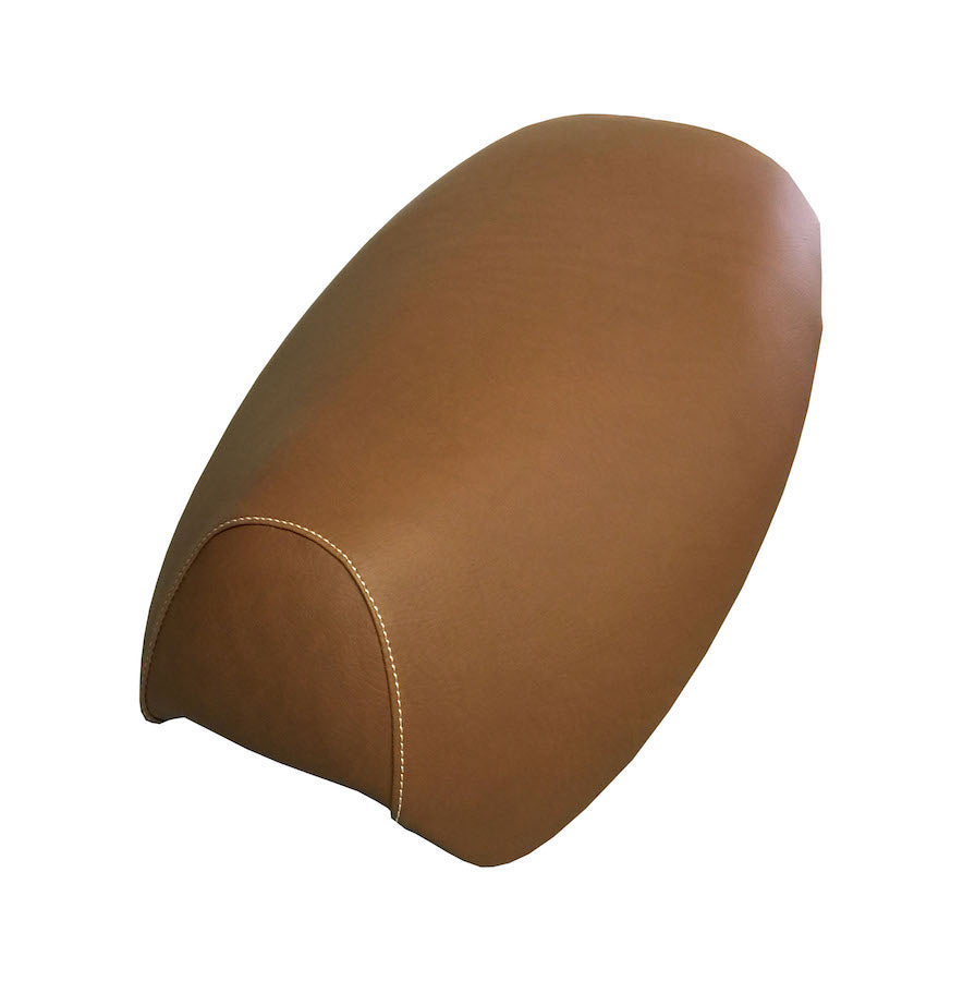 Cinnamon Brown seat cover tailored for the Yamaha Vino 125, with a smooth top and neatly stitched front panel, handmade by Cheeky Seats.