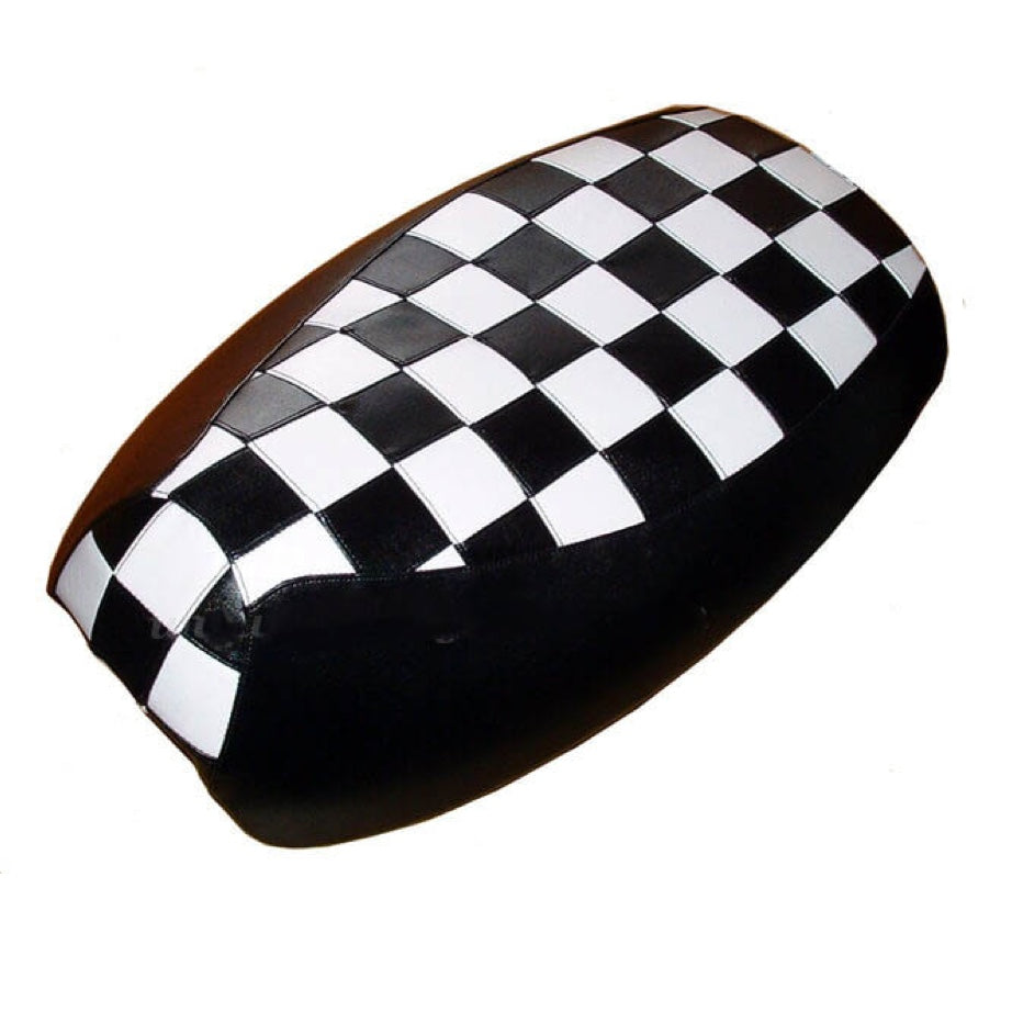 Black-and-white Checkers seat cover tailored for the Yamaha Vino 125, with a bold racing-inspired checkerboard top, handmade by Cheeky Seats.