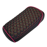 Black hexagon honeycomb seat cover with hot pink contrast stitching and pink piping against a white background, handmade by Cheeky Seats