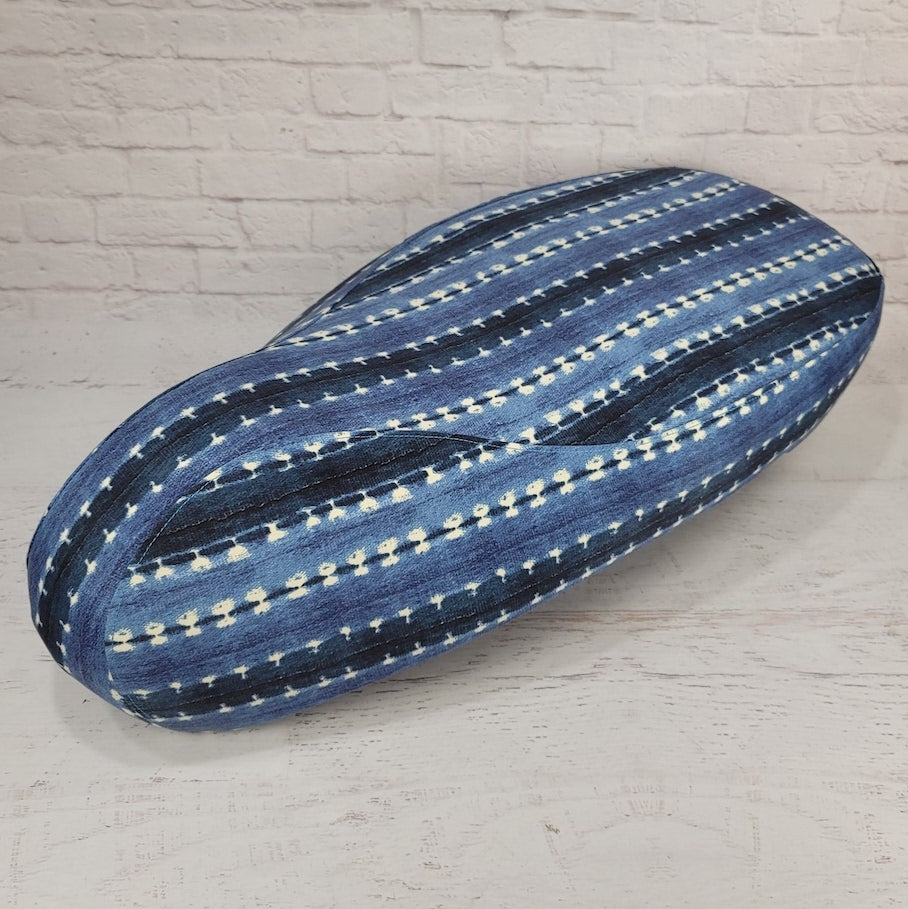 Relaxed Denim Boho seat cover for Vespa Sprint and Primavera, with indigo woven-style stripes and sculpted seams, handmade by Cheeky Seats.