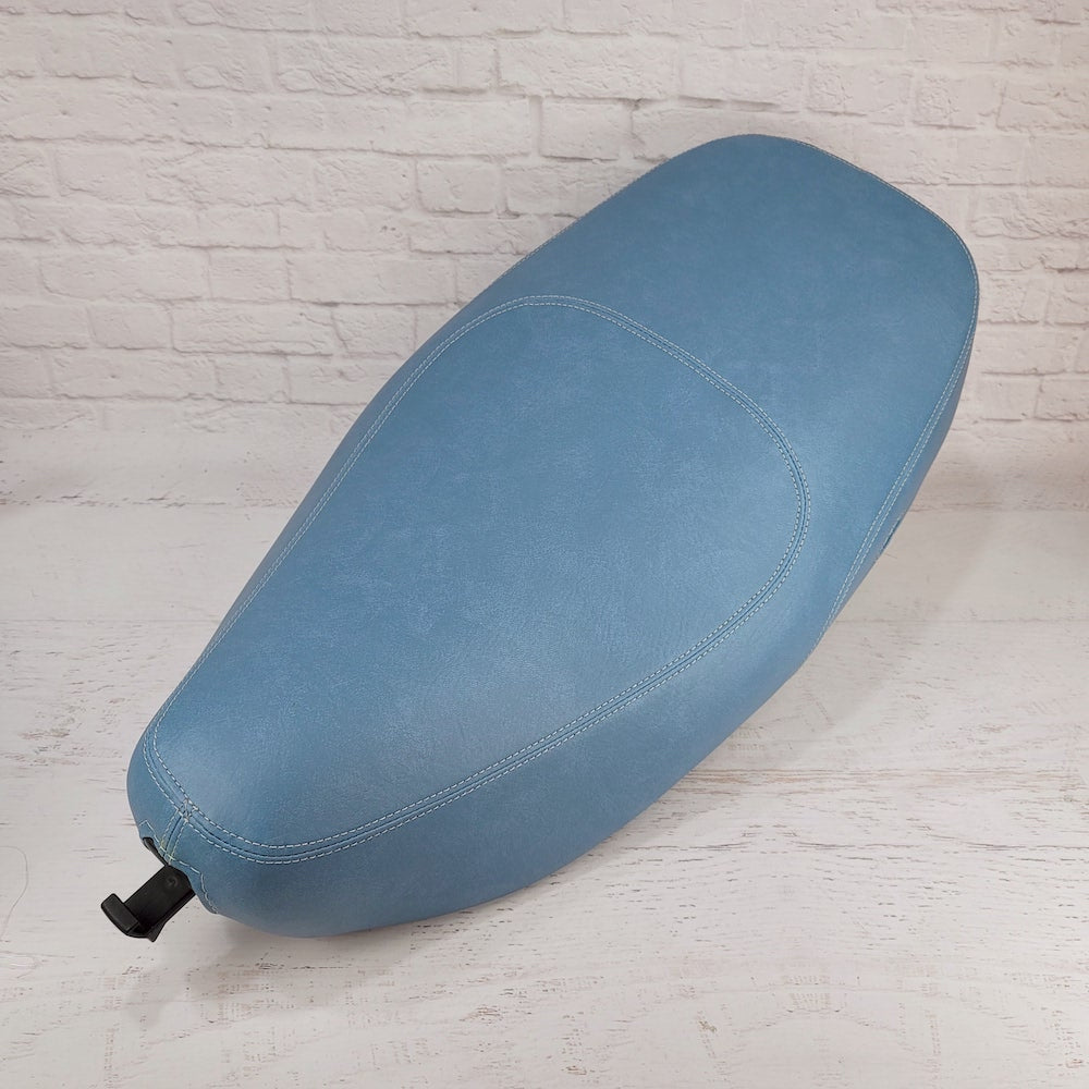Vespa LX distressed blue seat cover with French seams