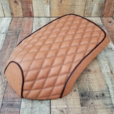 Tan diamond-quilted seat cover shaped for Yamaha C3, XF50, Vox and Giggle scooters, finished with dark piping, handmade by Cheeky Seats.